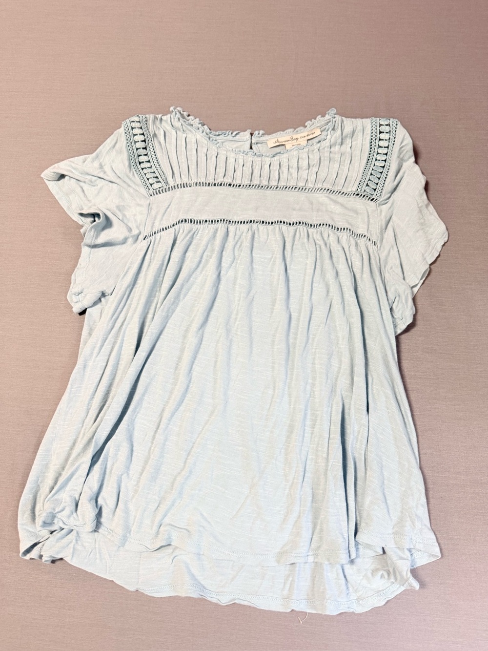 American Rag Cie Blue Flutter Sleeve Pintuck Babydoll Blouse Boho Top size M